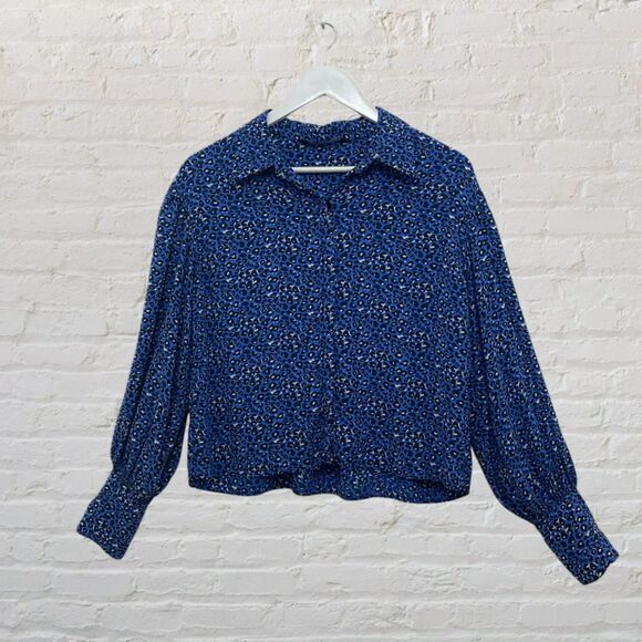 Zara Blue Leopard Print Balloon Sleeve Collared Blouse Oversized Top Size S - Picture 4 of 16